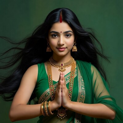 Indian woman in green saree with namaste