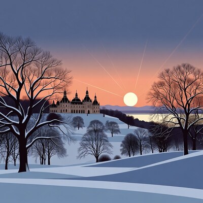Snowy Castle Sunset Landscape Illustration