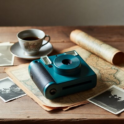 Teal Instax Camera on Map with Coffee