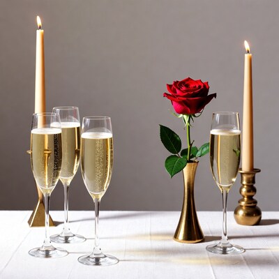 Champagne Glasses with Rose and Candles