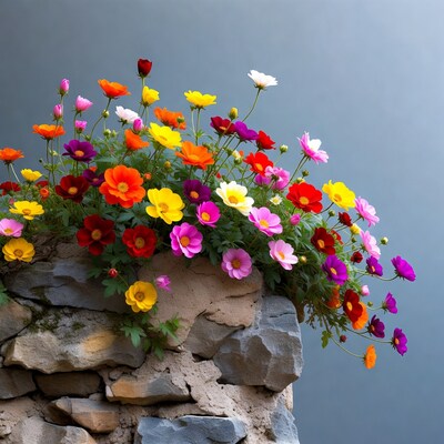 Colorful Cosmos Flowers on Stone Wall