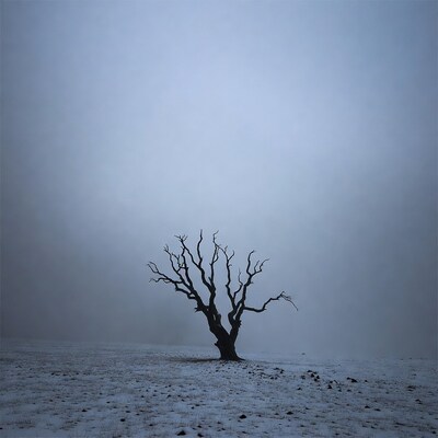 Lonely dead tree in snowy field