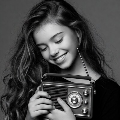 Girl holding vintage radio
