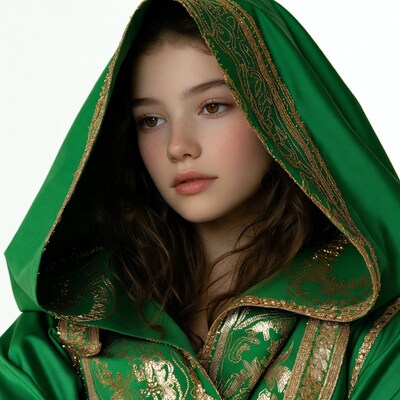 Girl in green hooded robe