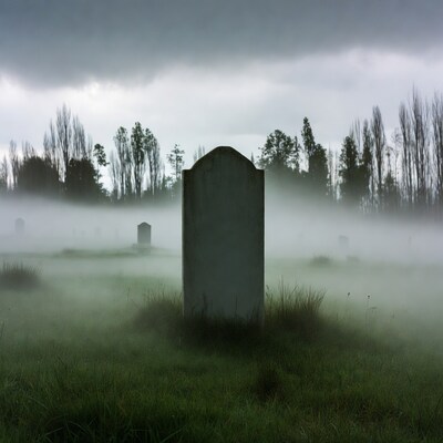 Foggy Cemetery with Tombstone and Trees