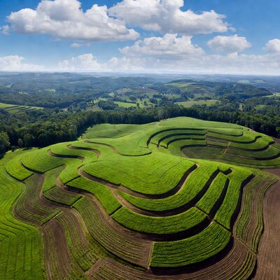 Aerial View of Wavy Green Terraced Hills