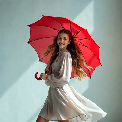 Woman holding red umbrella