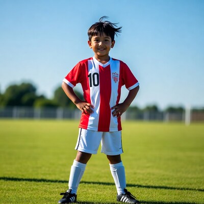 Asian boy in red soccer jersey on field