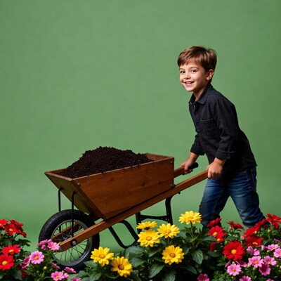 Boy pushing wheelbarrow with dirt