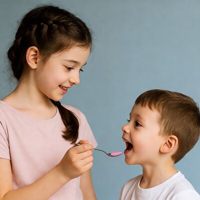 Girl feeding boy pink medicine