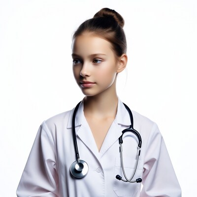 Girl in white doctor's coat with stethoscope