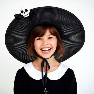 Girl smiling in witch hat costume