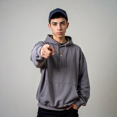 Young man pointing in gray hoodie