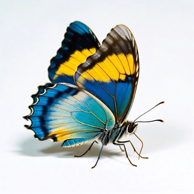 Blue and yellow butterfly on white background