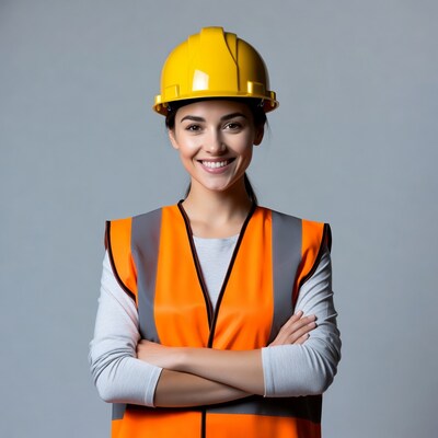 Smiling woman in hard hat and vest