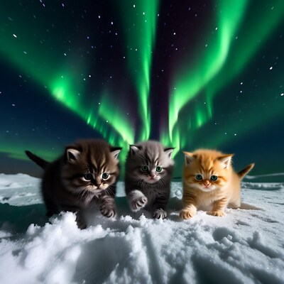 Kittens playing in snow under aurora