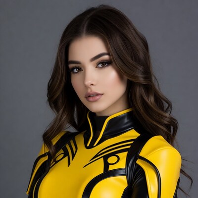 Woman in yellow black cosplay suit