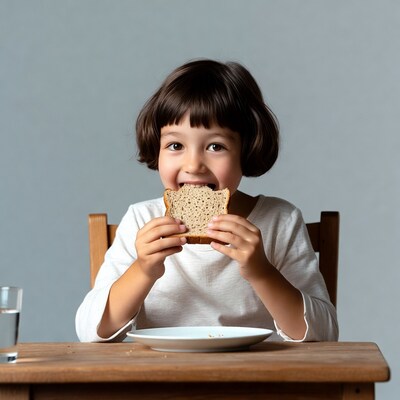 Asian girl eating bread at table