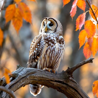 Barred Owl Perched on Branch in Autumn Forest