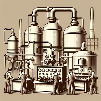 Workers Operating Industrial Factory Machines