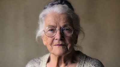 Elderly woman wearing round glasses