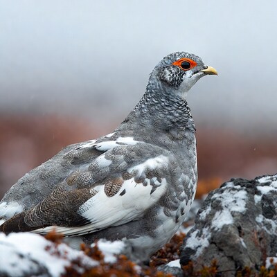 Ptarmigan perched on snowy rock