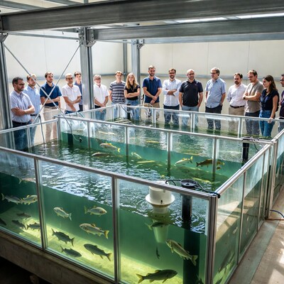 Group viewing fish in large tanks