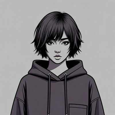 Asian girl in black hoodie illustration