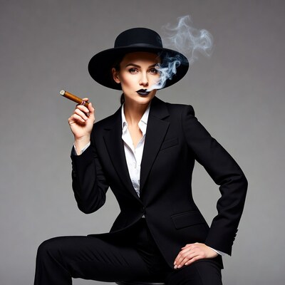 Woman smoking cigar in black suit hat