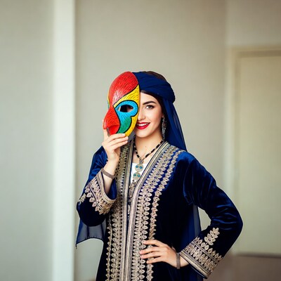 Woman holding colorful mask