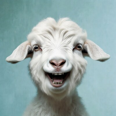 White baby goat laughing