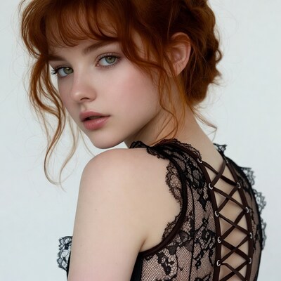 Redhead woman in black lace dress