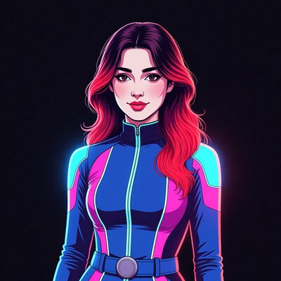 Woman in blue neon jumpsuit
