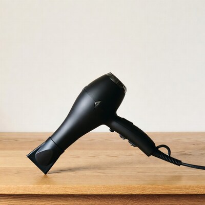 Black hair dryer on wooden table