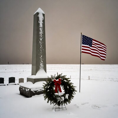 Snowy Obelisk Monument with Wreath and Flag