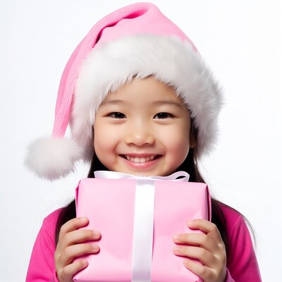 Asian girl holding pink Christmas gift