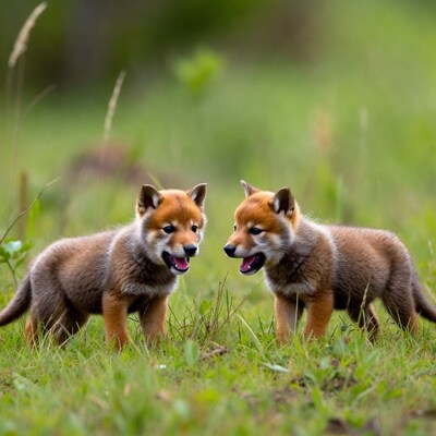 Two red fox pups playing in grass