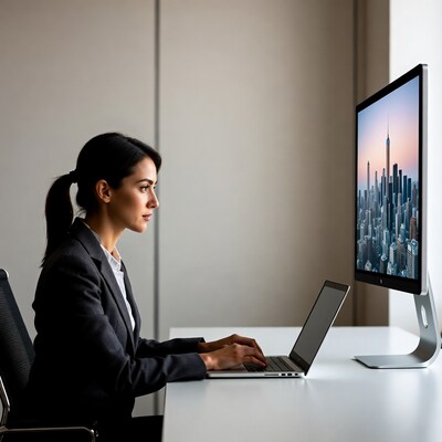 Woman working on laptop with NYC monitor