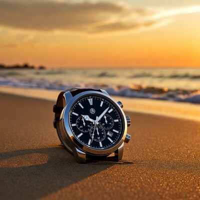 Black Chronograph Watch on Beach Sunset