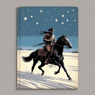 Cowboy riding horse in snowy night