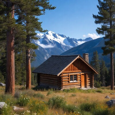 Log Cabin in Mountains with Pine Trees