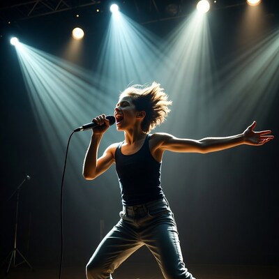 Girl singing passionately on stage