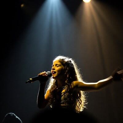 Girl singing with microphone on stage