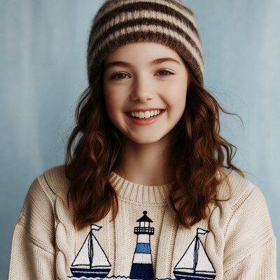 Girl smiling in lighthouse sweater and beanie