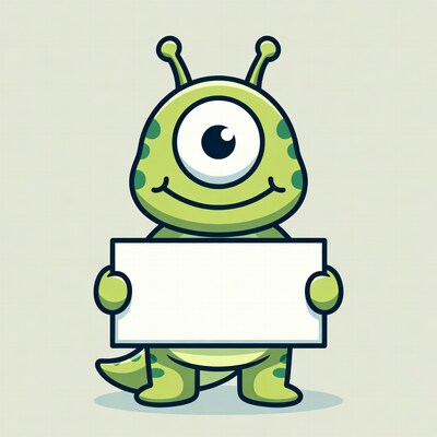 Cute green alien holding blank sign