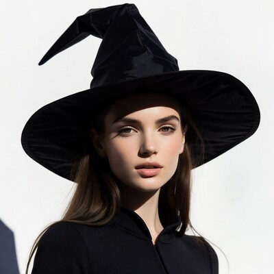 Woman wearing black witch hat
