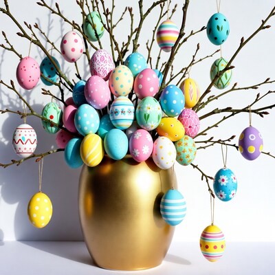 Colorful Easter Eggs on Bare Branches