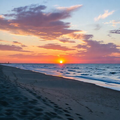 Sunset over beach with footprints