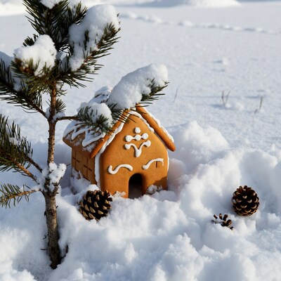 Gingerbread house in snowy landscape