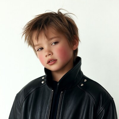 Boy in black leather jacket